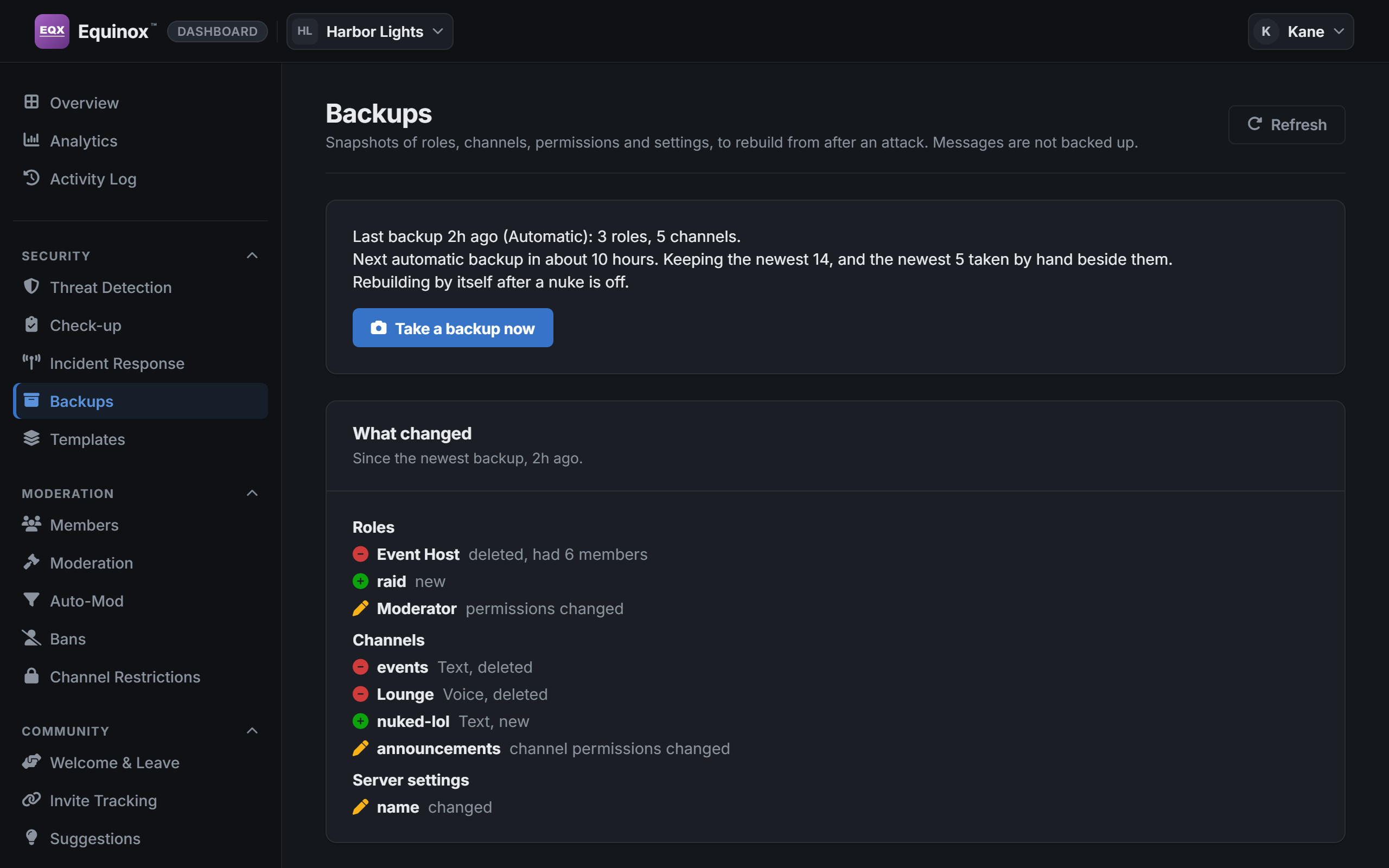 The Backups page of the dashboard.