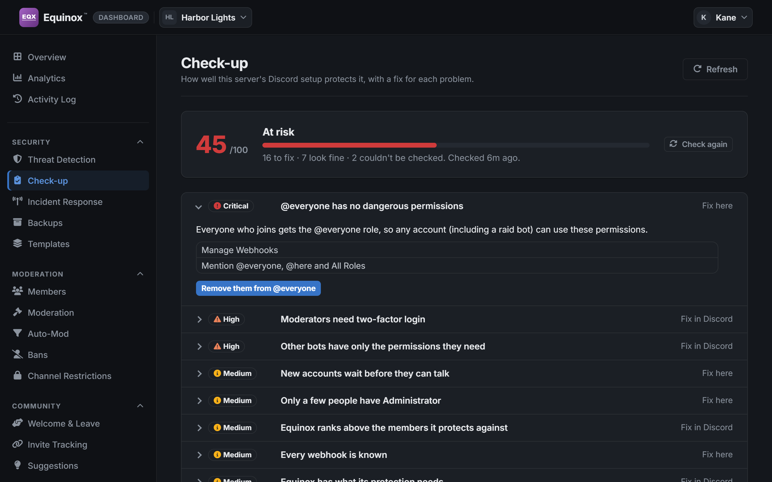 The Check-up page of the dashboard.