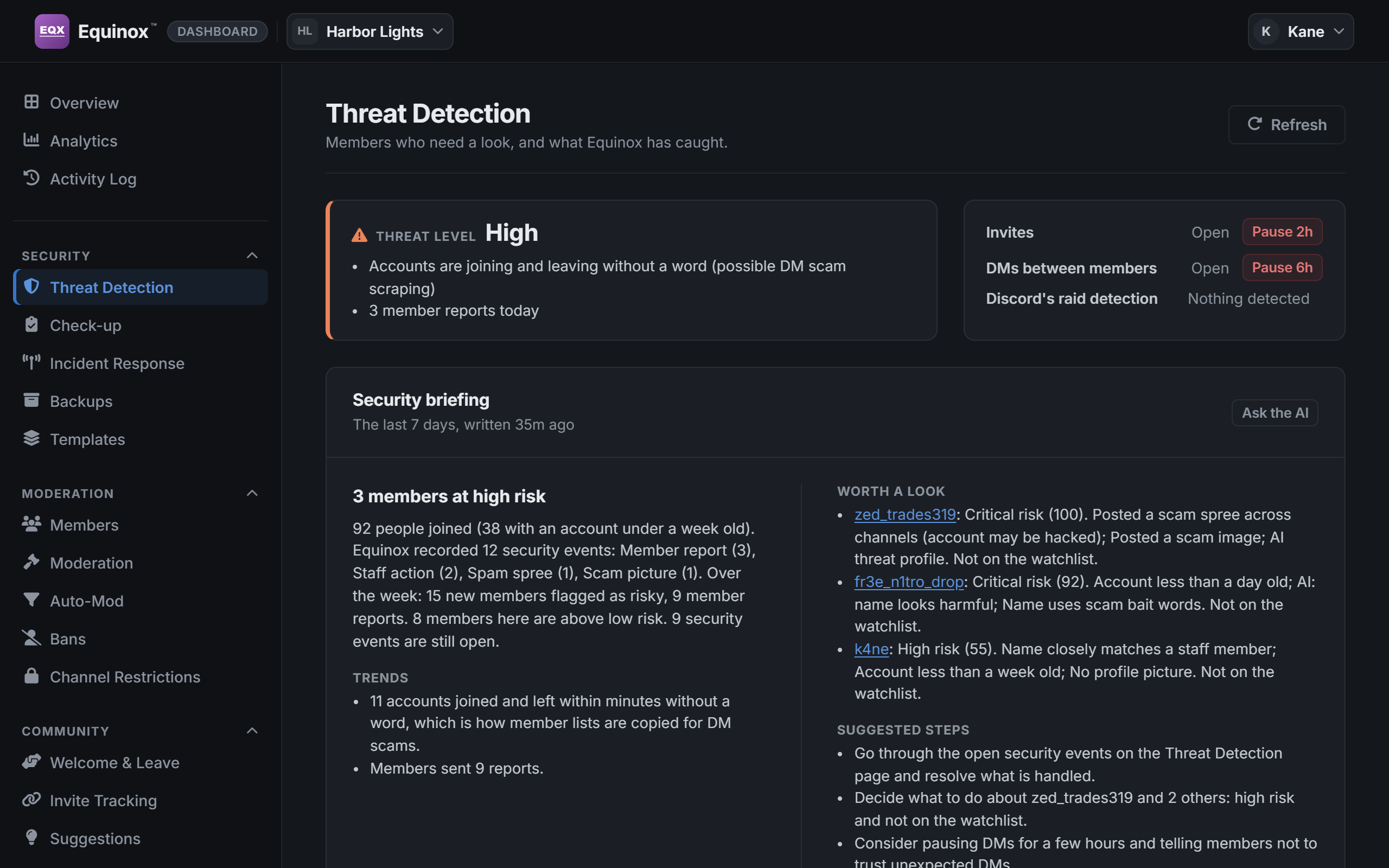The Threat Detection page of the dashboard.