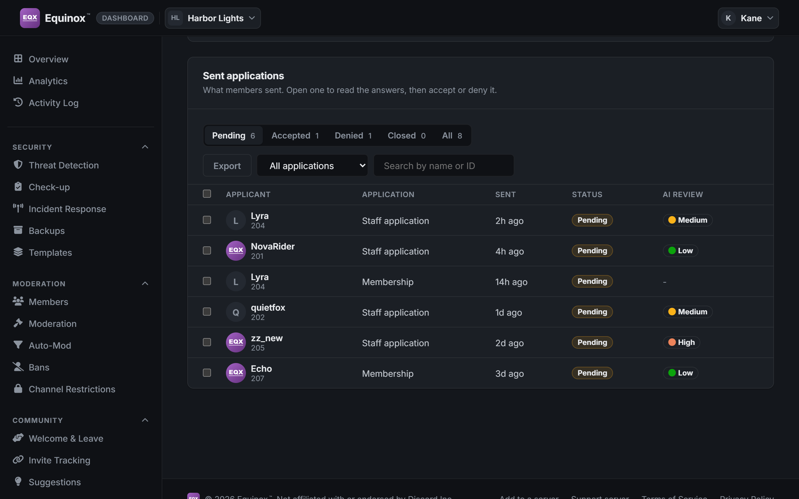 The Applications page of the dashboard, at the applications members sent.