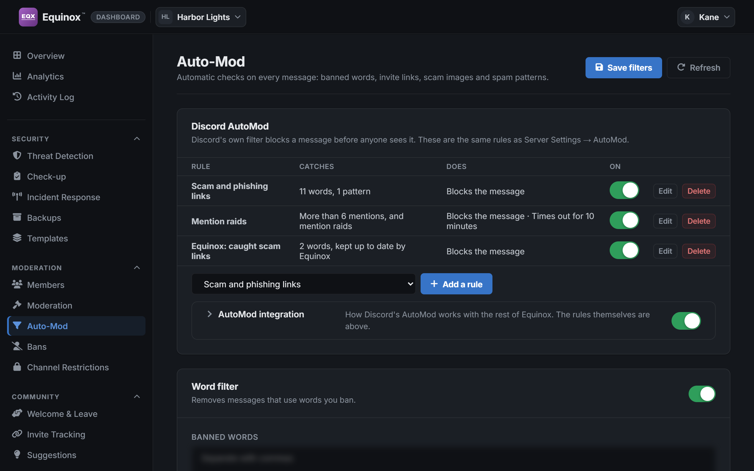 The Auto-Mod page of the dashboard.