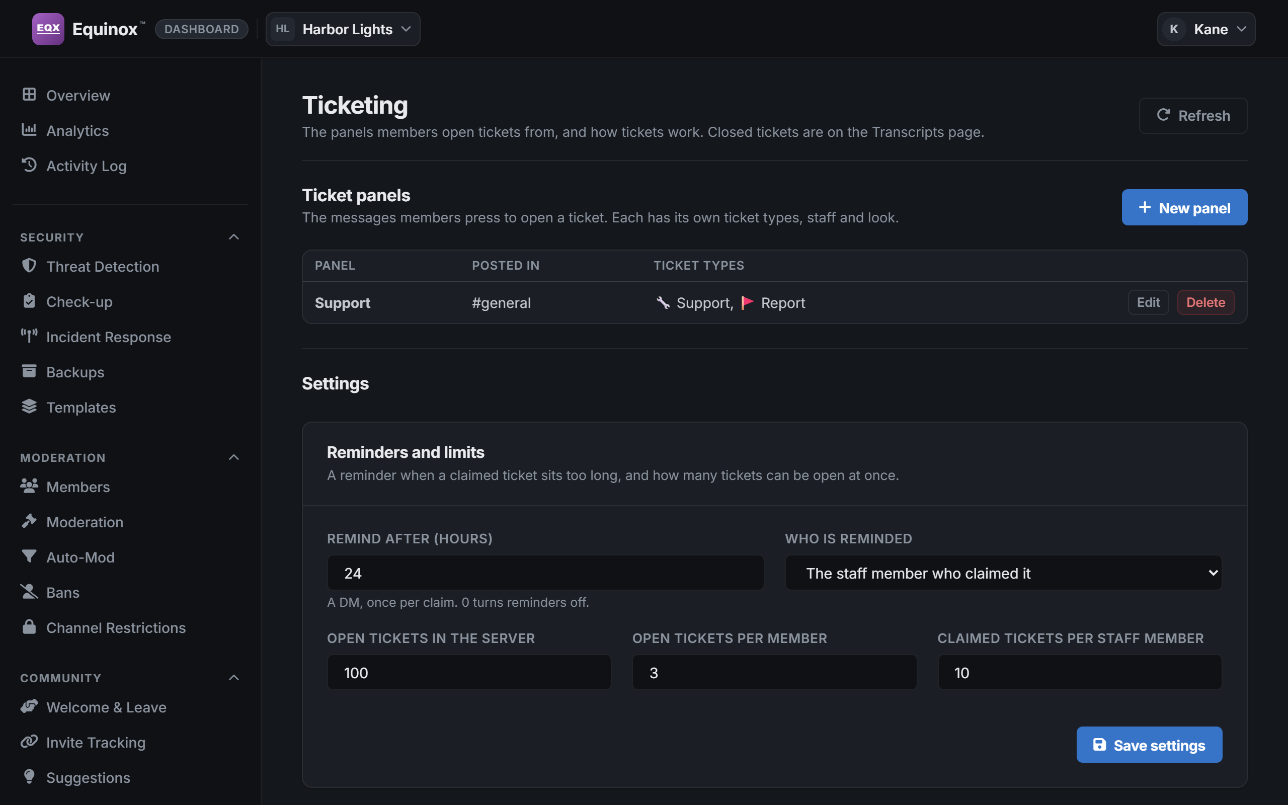 The Ticketing page of the dashboard.