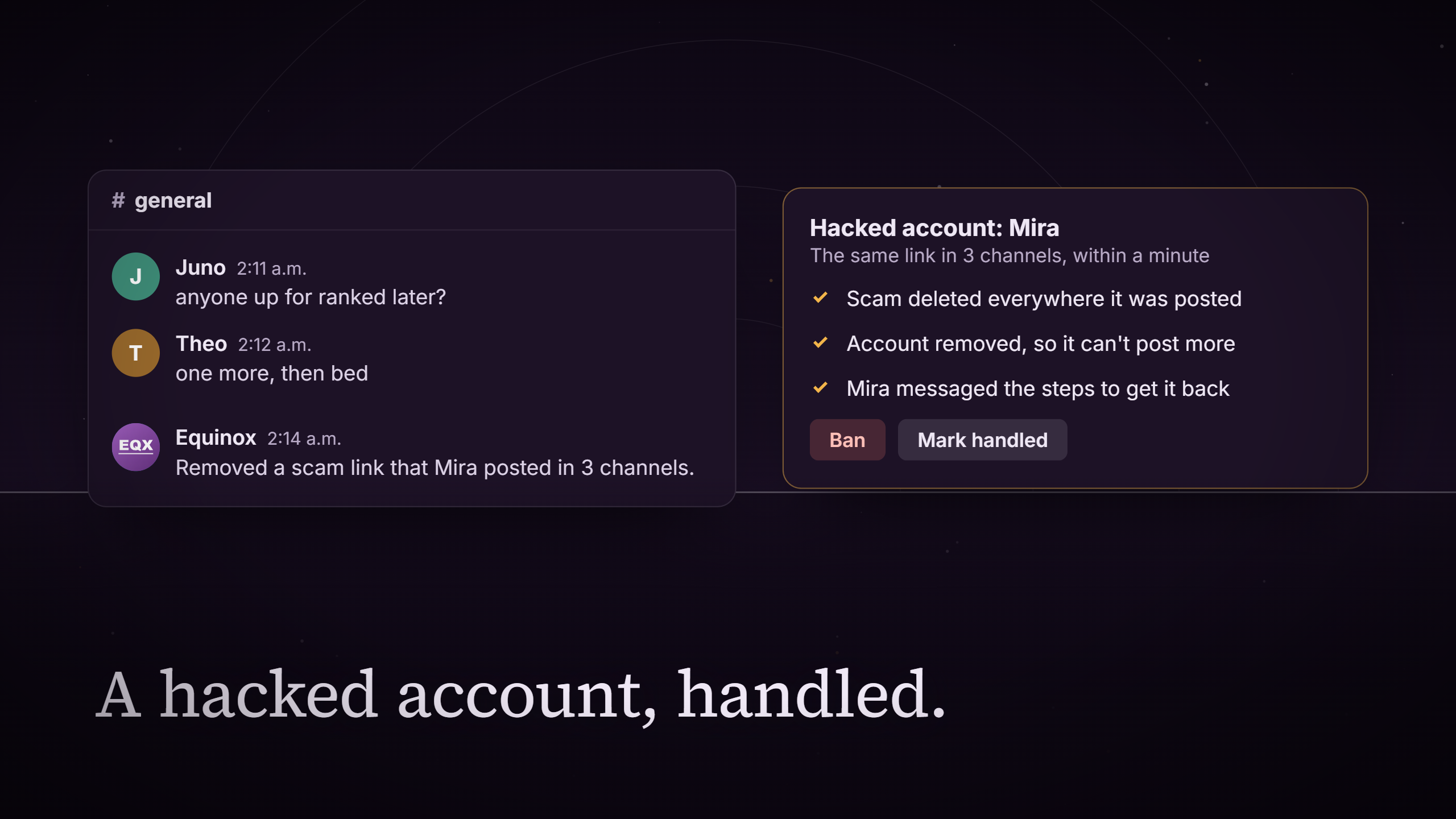 From the trailer: Equinox's alert for a hacked account, with the three things it did about it.